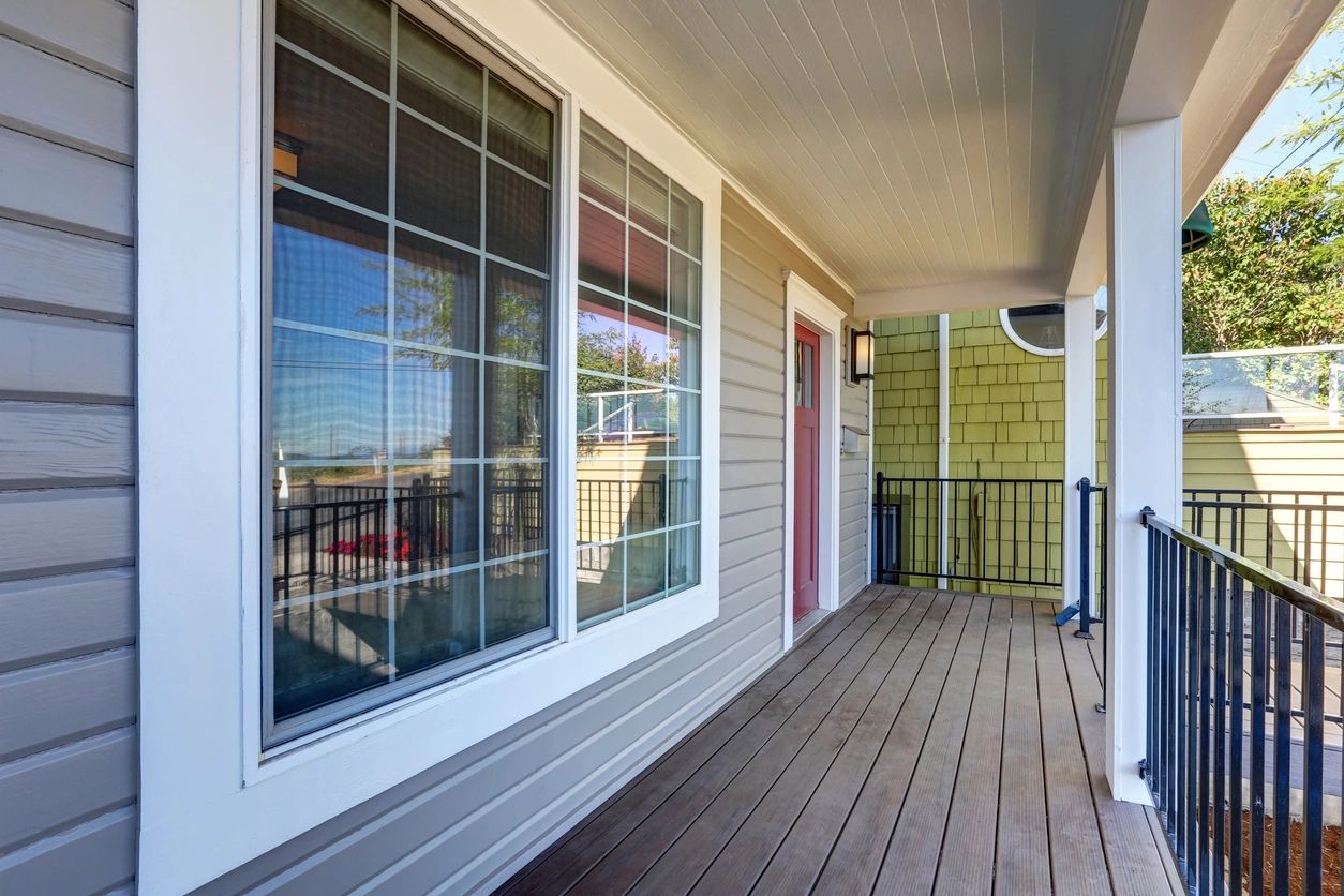 Modern porch deck with large windows