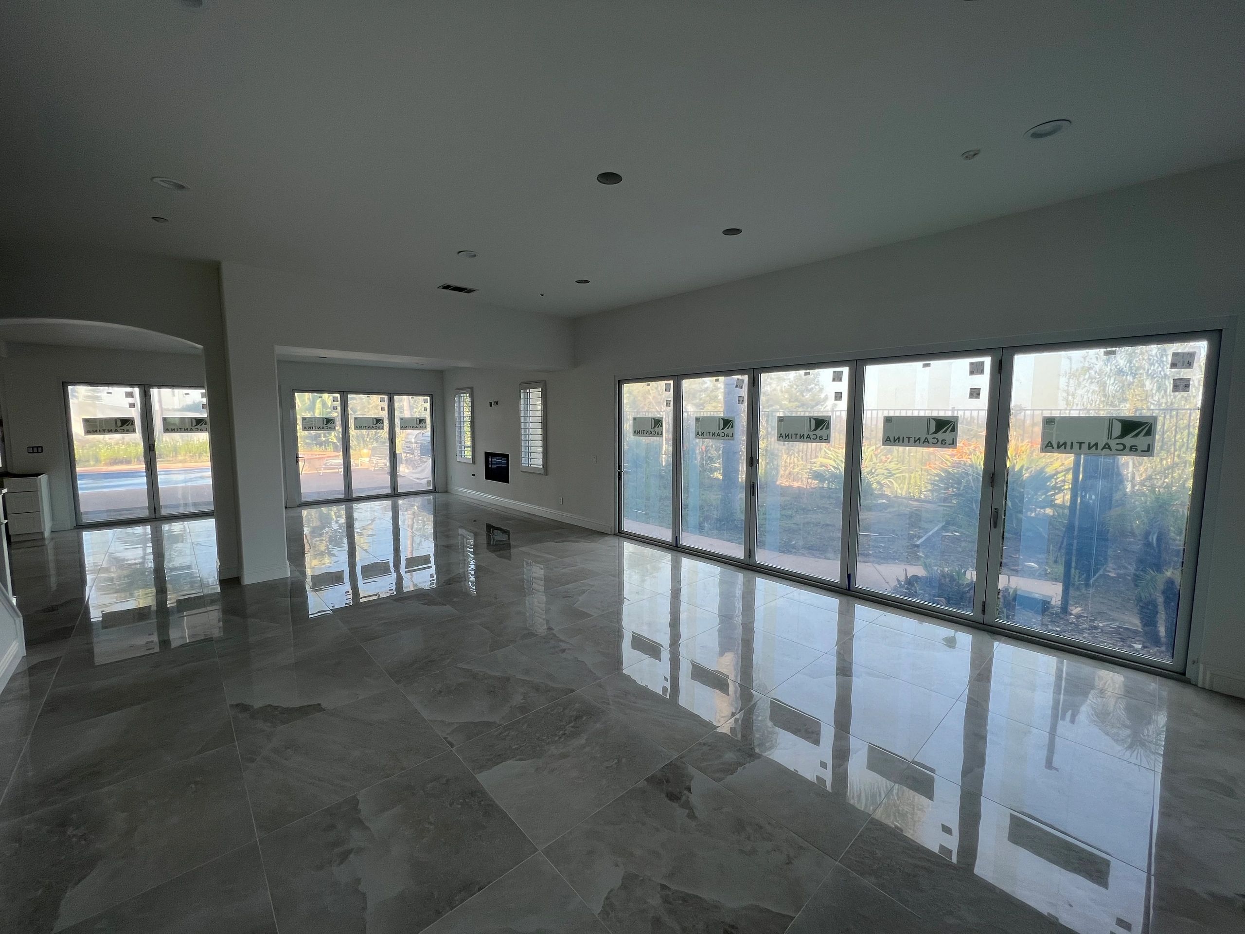 Storefront glass doors with white frames